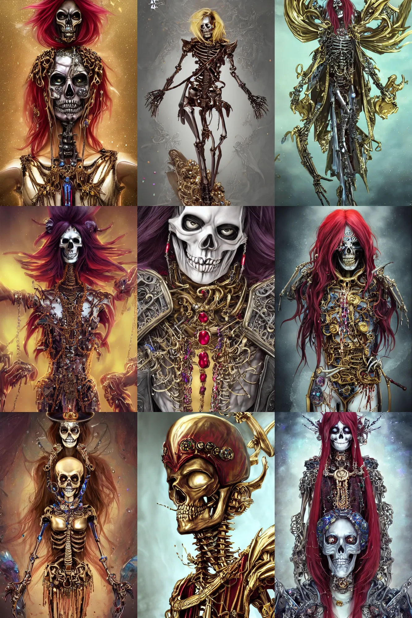 Prompt: androgyne lich skeleton made of iridescent metals and shiny gems covered with blood, long red hair, golden necklace, skeleton inspired by ross tran and wlop and masamune shirow, ultra realistic, concept art, intricate details, highly detailed, photorealistic, octane render, 8 k, unreal engine. dnd art by artgerm and greg rutkowski and alphonse mucha