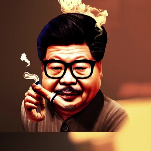 Prompt: hipster xi jinping of china smoking a joint, gta artstyle, wide shot, dramatic lighting, octane render, hyperrealistic, high quality, HD, cinematic