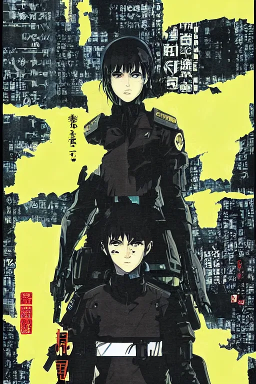 Prompt: professionally drawn seinen mature cyberpunk police horror action manga comic cover, dramatic, beautifully drawn coherent professional, drawn by ilya kuvshinov, ilya kuvshinov, satoshi kon, kentaro miura, dave mckean, tsutomu nihei. japanese script kanji hiragana on the cover. minimalist stylized cover art. yellow purple cel shaded