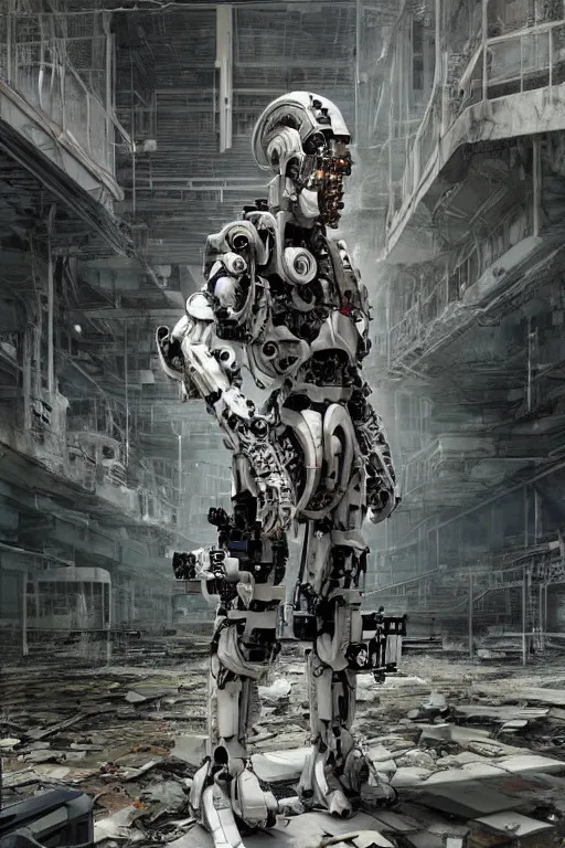Image similar to cyborg with white and black ancestral ornate japanese tactical gear standing in an abandoned futuristic factory, long shot, by irving penn and storm thorgerson, ren heng, peter elson, alvar aalto, makoto shinkai