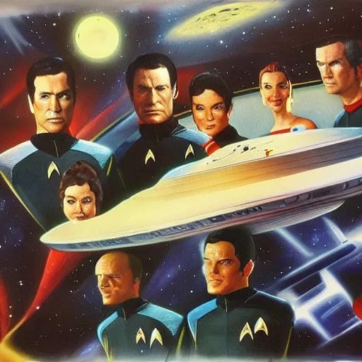 Image similar to the crew from star trek the original series. realistic concept art painting,