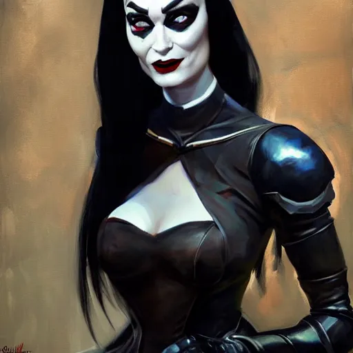 Image similar to greg manchess portrait painting of armored morticia from addams family as overwatch character, medium shot, asymmetrical, profile picture, organic painting, sunny day, matte painting, bold shapes, hard edges, street art, trending on artstation, by huang guangjian and gil elvgren and greg rutkowski