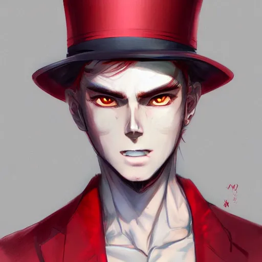 Prompt: semi realistic anime illustration of top hat wearing red haired man, with beautiful hyperdetailed eyes, facing camera directly, full face portrait made by Stanley Artgerm, WLOP, Rossdraws, James Jean Andrei Riabovitchev, Marc Simonetti, Yoshitaka Amano, Artstation