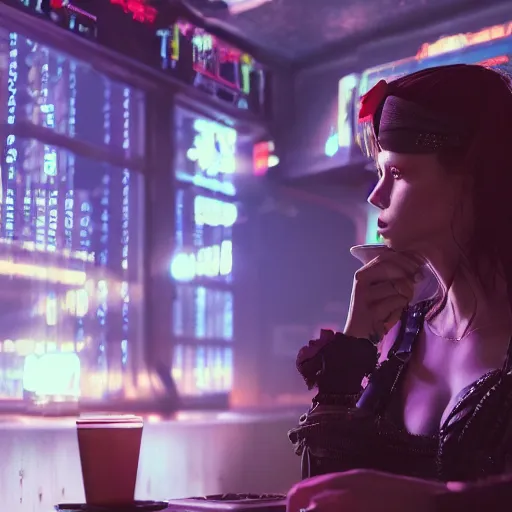 Image similar to a high quality portrait of a beautiful female pirate in a cyberpunk cafe realism 8k