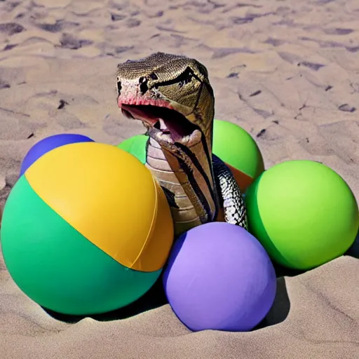 Prompt: a snake between two beach balls,