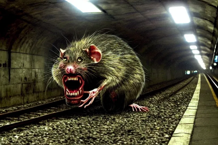 Image similar to very large giant mutant zombie irradiated ( angry rat ) staying on railways in tonnel of moscow subway. tonnel, railways, giant angry rat, furr, fangs, claws, very realistic. fog, silent hill style, extreme long shot, herman nitsch, giger.