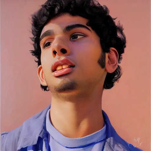 Image similar to oil painting by ilya kuvshinov,, baugh casey, rhads, coby whitmore, of a youthful persian - indian college student, male, curly black hair, holding lolipop, outdoors, highly detailed, breathtaking face, studio photography, dawn, intense subsurface scattering, blush, supple look, innocence, intense sunlight