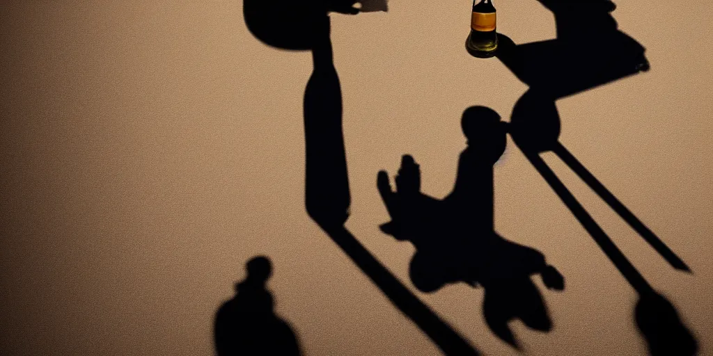 Prompt: the shadow of a man drinking scotch from a bottle, ultra realistic, intricate, epic lighting, Futuristic ,8k resolution