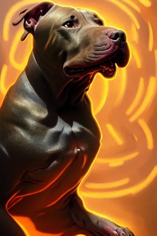 Image similar to clear portrait of a pitbull terrier, cottagecore!!, background hyper detailed, character concept, full body, dynamic pose, glowing lights!! intricate, elegant, highly detailed, digital painting, artstation, concept art, smooth, sharp focus, illustration, art by artgerm and greg rutkowski and alphonse mucha