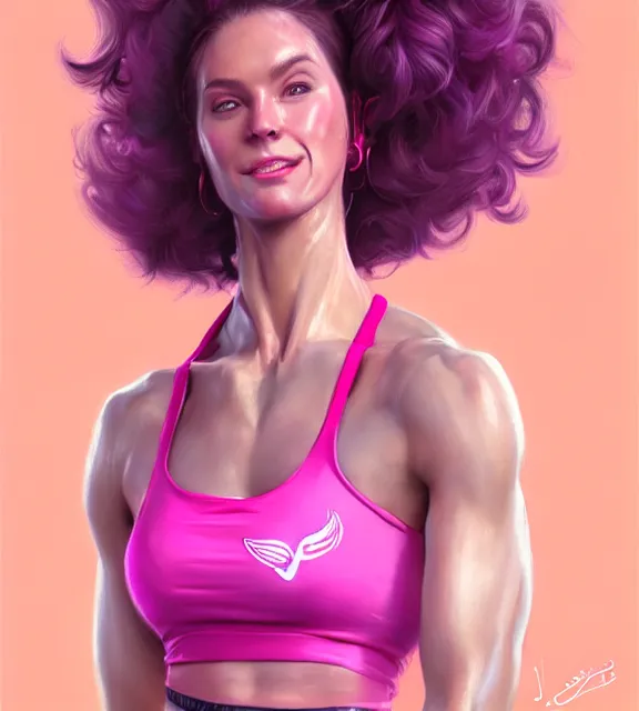 Image similar to female jazzercise instructor, perfect face, 1 9 8 0 s hairsprayed hair, hot pink halter top, flowing hair, fit, cinematic, blush, stunning, agile, highly detailed, digital painting, artstation, smooth, hard focus, illustration, art by jessica rossier and and brian froud