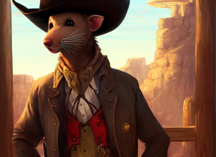 Image similar to character portrait feature of the anthro male anthropomorphic rat fursona wearing cowboy outfit wild west desperado sitting in an old monte carlo, a man whose heart is hollow, character design stylized by charlie bowater, ross tran, artgerm, makoto shinkai, detailed, soft lighting, rendered in octane