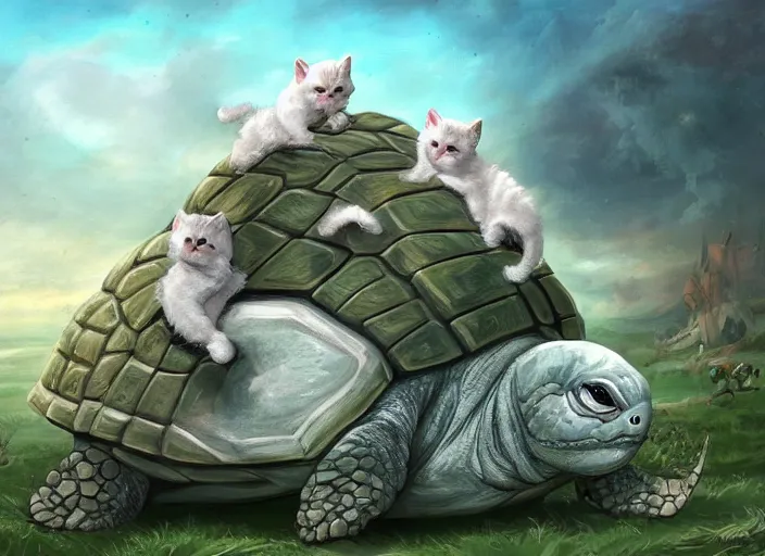 Prompt: white kittens riding giant turtles, battalion, digital oil painting, trending on artstation