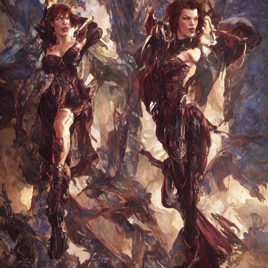 Image similar to Milla Jovovich in Marvel Universe video, D&D character, highly detailed, digital fantasy character, painted portrait, artstation, concept art, hard focus, illustration, art by artgerm and greg rutkowski and Alphonse Mucha and Craig Mullins, James Jean, Andrey Ryabovichev, Mark Simonetti and Peter Morbacher