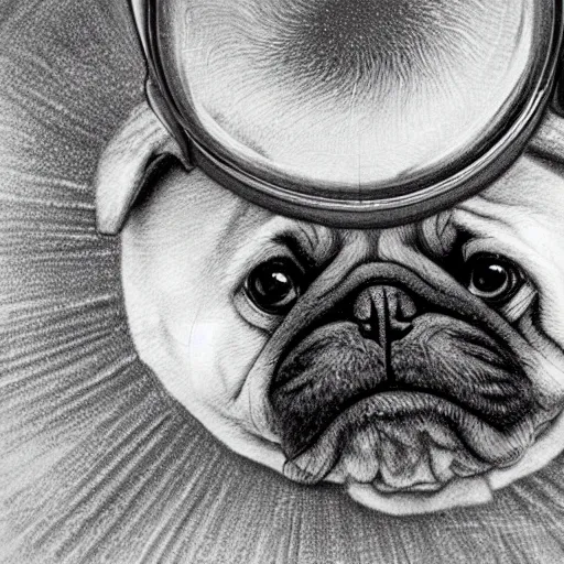 Image similar to pencil art, golden - ratio, spirals, highly detailed, panorama, astronaut pug in outer space by davinci.