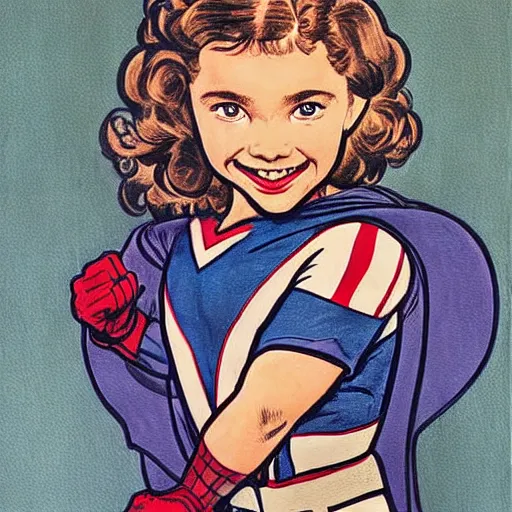 Prompt: a little girl with a mischievous face and light brown curly wavy hair. she is dressed as captain america, spider - man, batman, captain marvel, a superhero. well composed, clean elegant painting, beautiful detailed face. by steve ditko and jack kirby and alphonse mucha