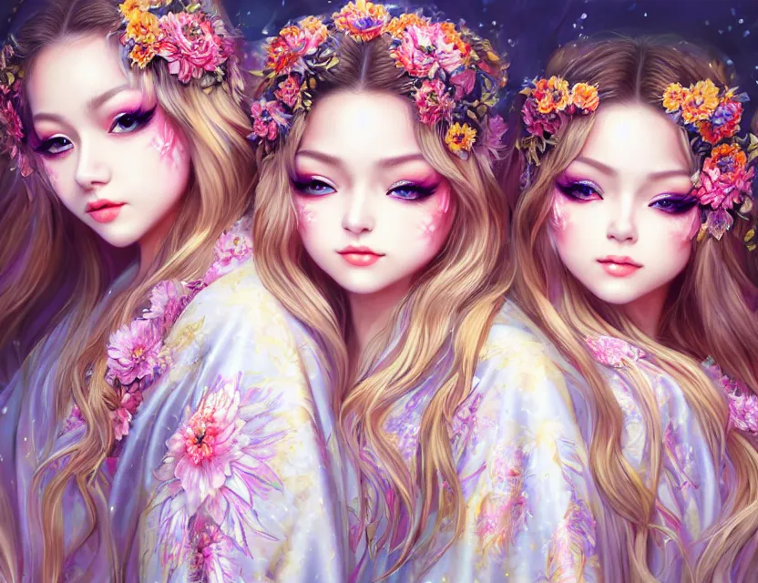 Prompt: two beautiful fashion siberian girls wear fantasy kimono in festival | | big eyes, sunny, dreamlike art, realistic shaded, smile, good looking, hyper details, 4 k realistic, cryengine, realistic shaded lighting poster by artgerm, ross tran, fuji choko, loish, 8 k resolution, trending on artstation, luxury