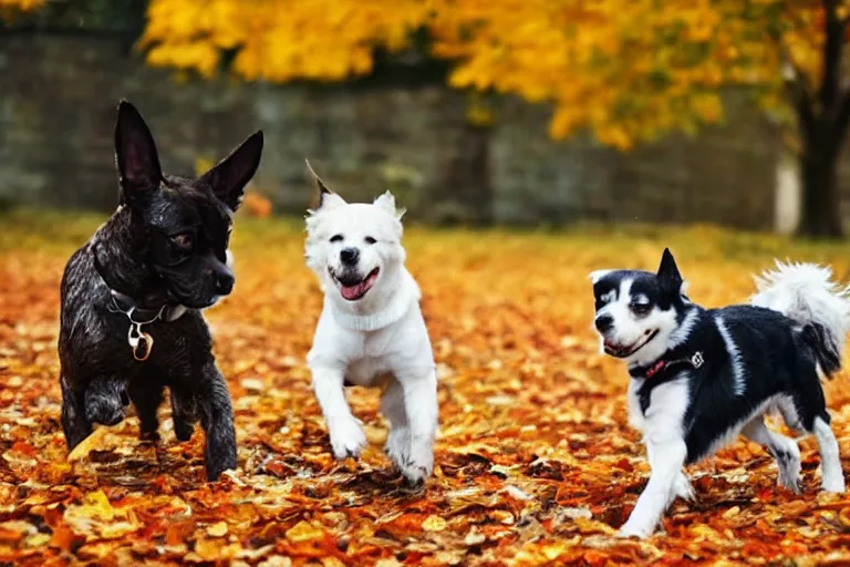 Image similar to dogs playing in autumn leaves