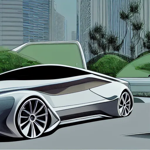 Image similar to sleek autonomous vehicle, designed by Zaha Hadid, parked by an oasis, line art illustration, muted colours