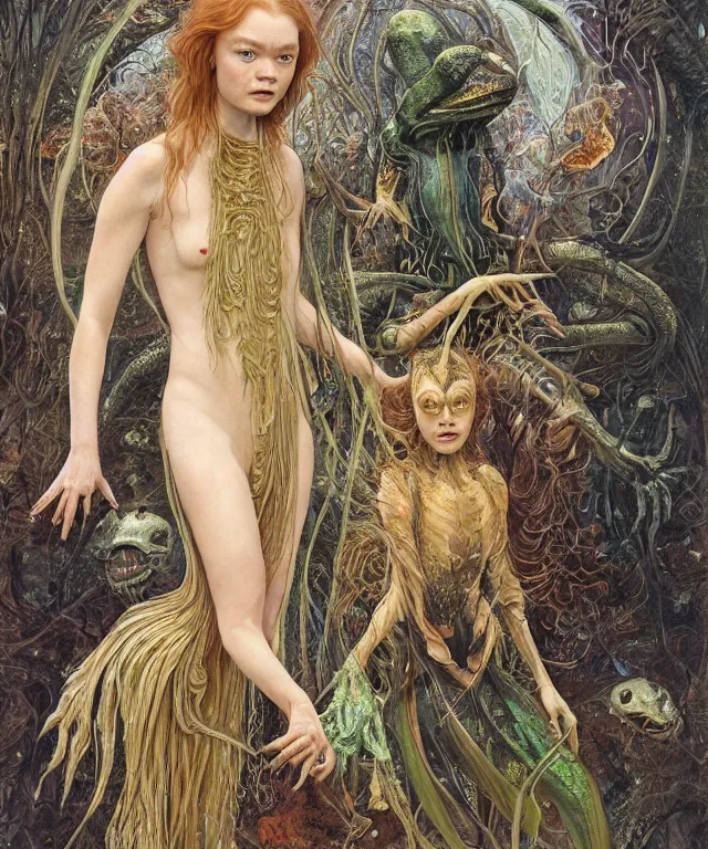 Prompt: a portrait photograph of a fierce sadie sink as an alien harpy queen with slimy amphibian skin. she is trying on a leather bulbous flowing slimy organic membrane parasite dress and transforming into an insectoid amphibian. by donato giancola, walton ford, ernst haeckel, brian froud, hr giger. 8 k, cgsociety