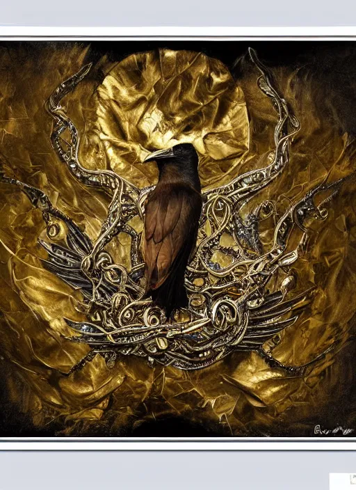 Prompt: crow, award - winning painting, abstract, gold and silver shapes, elegant, luxurious, beautiful, lovecraftian, beksinksi, chiaroscuro