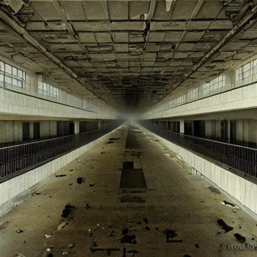 Image similar to abandoned super Mall in the post soviet era, MC Escher, destroyed, foggy weather, dark, uncanny