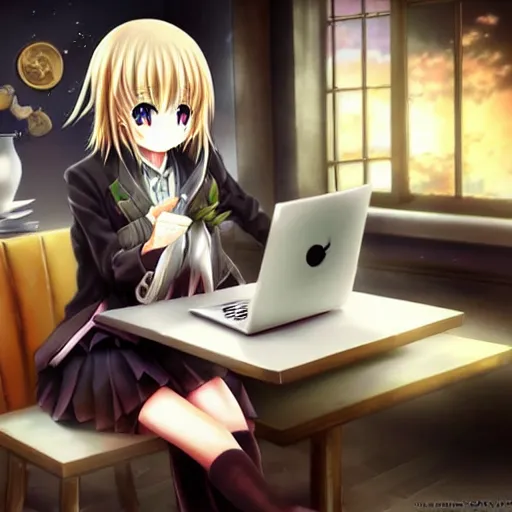 Image similar to marisa kirisame anime art, cafe, typing on laptop, touhou project