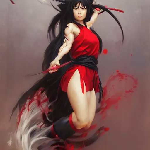 Image similar to portrait of a muscular female fighting shrine maiden miko with long flowing black hair wearing a red hakama over a black leotard, touhou character art by thoma greg rutkowski boris vallejo yoshitaka amano michael whelan nekro illustrated art by ashley wood, detailed painting, shimmer oil on canvas artstation