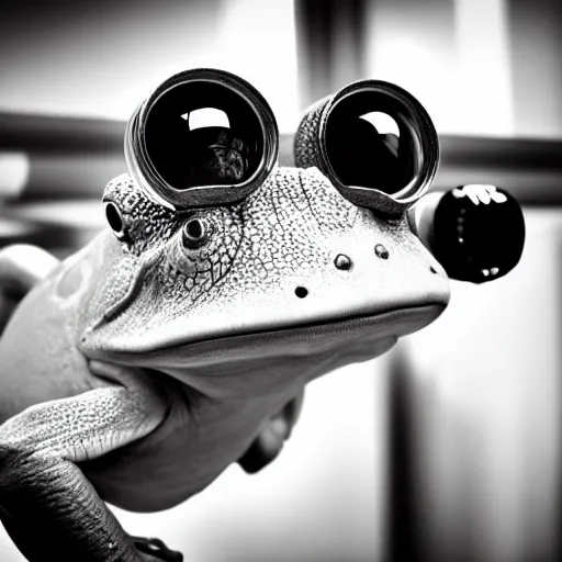 Image similar to cyborg frog with a camera lens as a head, clean design, front profile mugshot, monochromatic photo