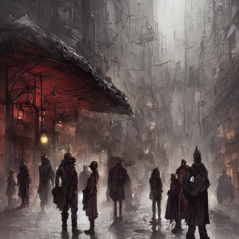 Image similar to some people waiting in a lone bus stop in qiet dark city, by marc simonetti