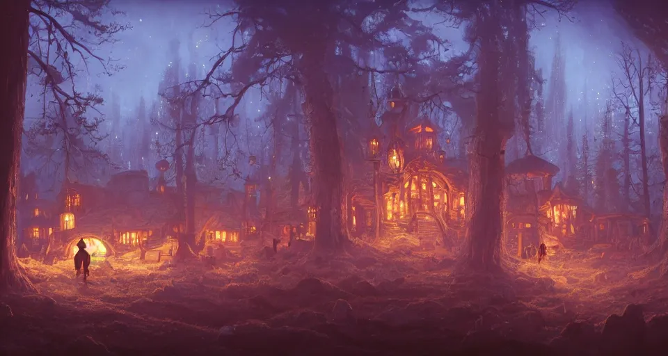 Prompt: A landscape with a large fantasy tavern with multiple stories in the middle of a forgotten magical forest, magical particles, warm lighting, inviting, enchanting, rendered by simon stålenhag, rendered by Beeple, Makoto Shinkai, syd meade, environment concept, digital art, unreal engine, 3 point perspective, WLOP, trending on artstation, low level, 4K UHD image, octane render,