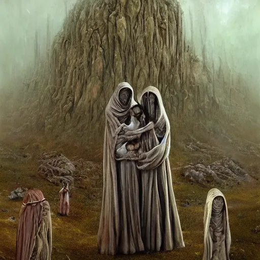 Prompt: painting of a creepy family wearing long robes, intercrossed humans, mixed animal, in a crystal cave, by giger, zdzislaw beksinski, thierry bosch, cold hue's, amazing background, digital art, concept art, animal painting, beautiful composition 3 - d 4 k,