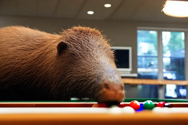 Image similar to capybaras sitting at pool table contemplating life and smoking cigars