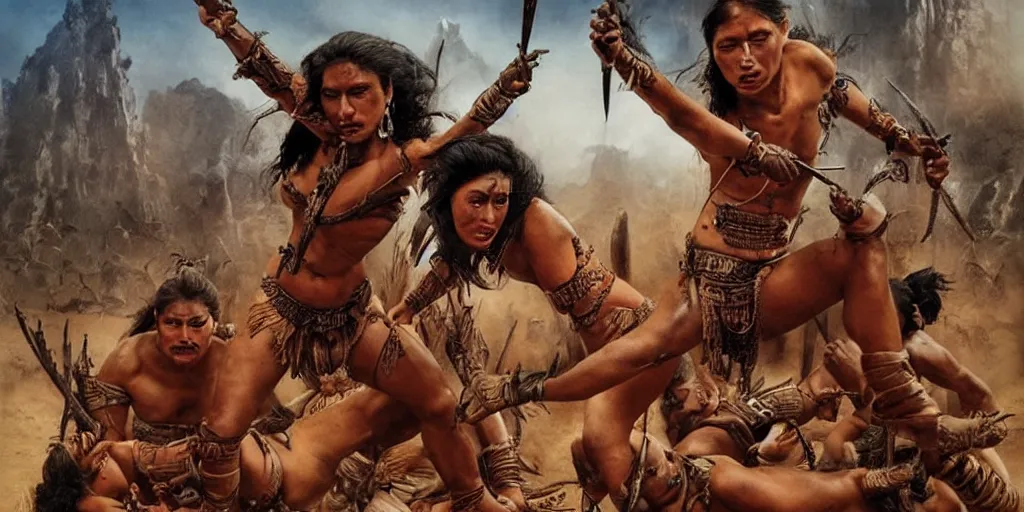 Image similar to movie, ancient Battlefield, beautiful brutal aztec and Amazonian females fight, epic, vintage, blood, slight inspiration of Boris vallejo and apocalypto