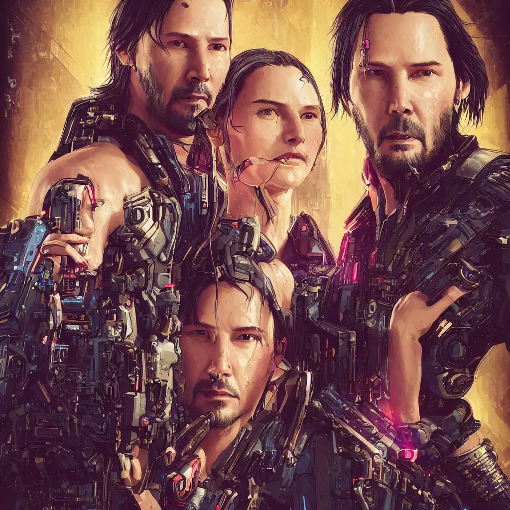 Image similar to a cyberpunk 2077 instagram couple portrait of a Keanu Reeves and a female android final kiss,love,film lighting,by Laurie Greasley,Lawrence Alma-Tadema,Dan Mumford,John Wick,Speed,Replicas,artstation,deviantart,FAN ART,full of color,Digital painting,face enhance,highly detailed,8K,octane,golden ratio,cinematic lighting