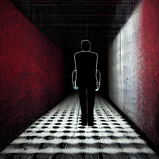 Image similar to photograph of an extremely dark narrow hallway with glowing humanoid cryptid made out of television static, dark deep black shadows, red and black color contrast in the style of trevor henderson, liminal space, 3 d octane render, glitch effect