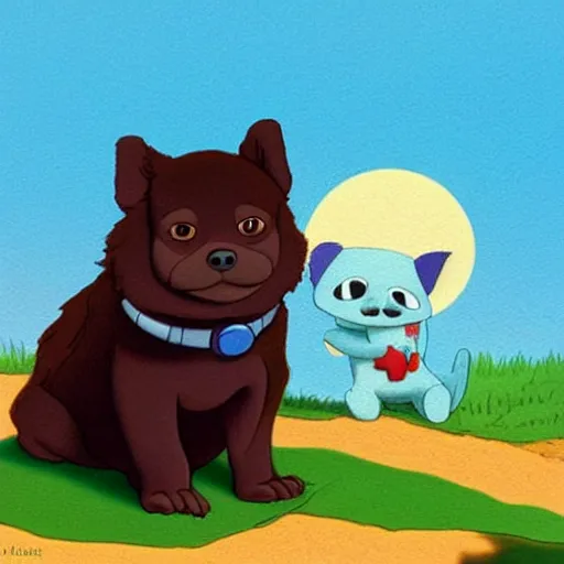 Prompt: dark brown pomeranian dog with his friend stitch from lilo and stitch hanging out on the sunset