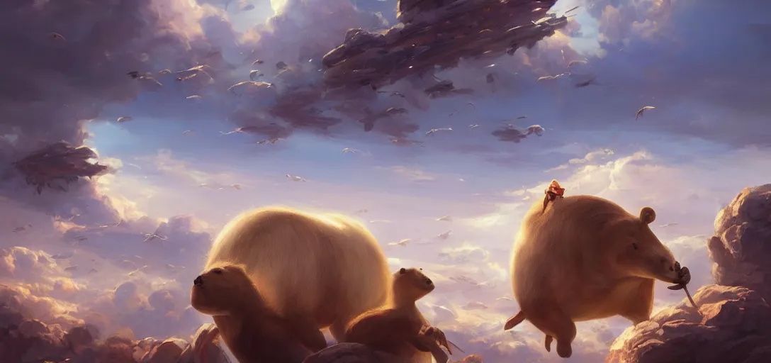 Image similar to A beautiful digital fantasy painting of giant floating capybaras migrating across the sky, trending on artstation, by Stanley Artgerm Lau, WLOP, Rossdraws, James Jean, Andrei Riabovitchev, Marc Simonetti, and Greg Rutkowski