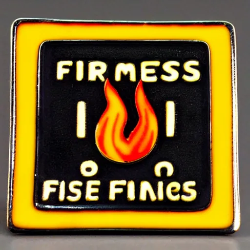 Image similar to a square enamel pin depicting a 1 9 6 0 s minimalistic clean fire flames warning label, smooth curves