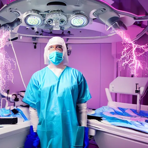 Image similar to A high resolution photograph of a surgeon standing in an operating room, surrounded by new technology and glitter, infused with lightning, very aesthetic, surgical gown and scrubs on, full length, exquisite detail, post-processing, masterpiece, cinematic, 8k, magazine cover