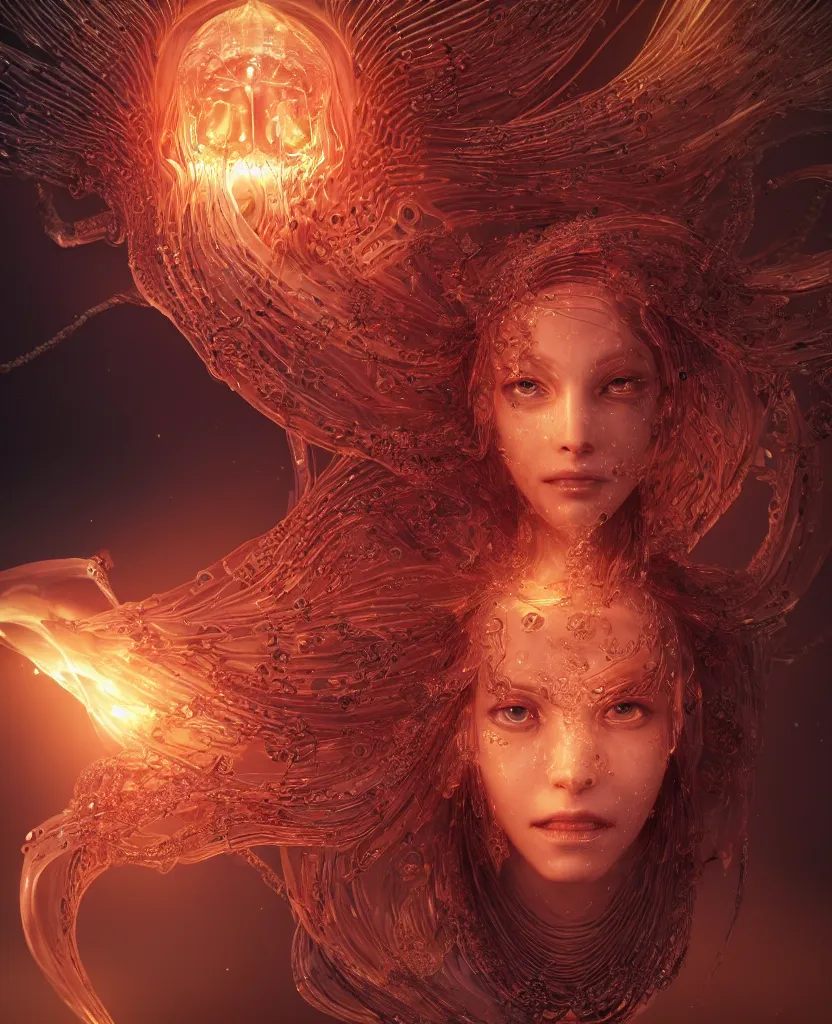 Image similar to close-up macro portrait of the face of a beautiful princess, epic angle and pose, symmetrical artwork, 3d with depth of field, blurred background, cybernetic jellyfish female face skull phoenix bird, translucent, nautilus, energy flows of water and fire. a highly detailed epic cinematic concept art CG render. made in Maya, Blender and Photoshop, octane render, excellent composition, cinematic dystopian brutalist atmosphere, dynamic dramatic cinematic lighting, aesthetic, very inspirational, arthouse. y Greg Rutkowski, Ilya Kuvshinov, WLOP, Stanley Artgerm Lau, Ruan Jia and Fenghua Zhong