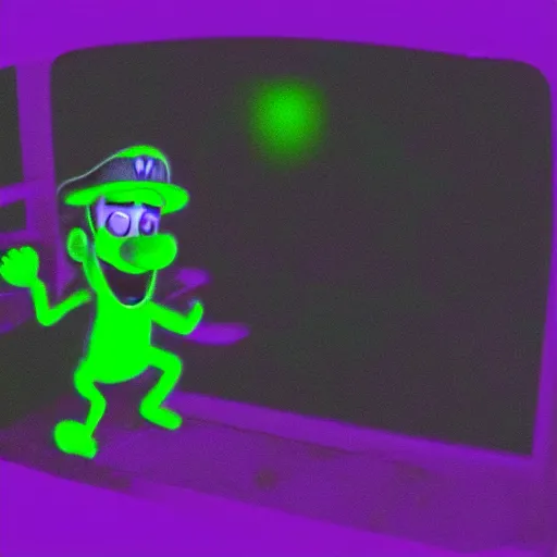 Prompt: Waluigi night vision trail cam found footage