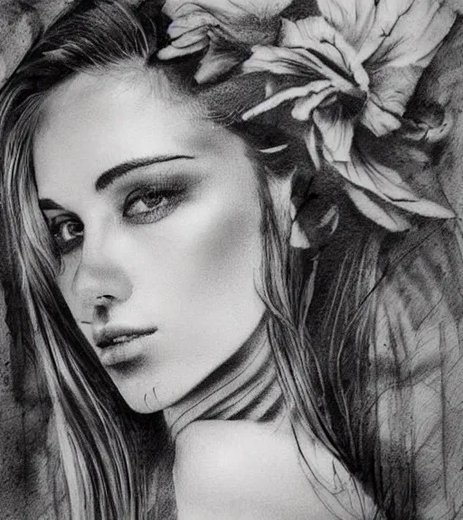 Prompt: tattoo design sketch of a beautiful woman face with an amazing mountain scenery on her side, hyper - realistic, double exposure, in the style of matteo pasqualin, amazing detail, black and white, faded