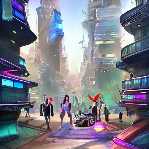 Image similar to swagger! futuristic living large in the city by tyler edlin, entourage struts down the sidewalk, bold colors, detailed, incredible lighting, great composition, artstation