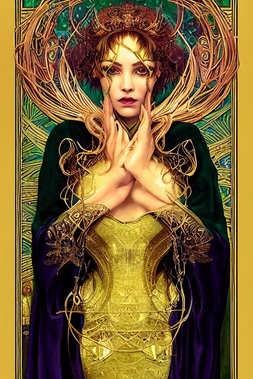 Prompt: a tarot card of a sorceress wearing a black robe with gold embroidery, casting a spell, green glows, painted by artgerm, tom bagshaw, alphonse mucha, and gustav klimt, in the style of magic the gathering, intricate, highly detailed digital art