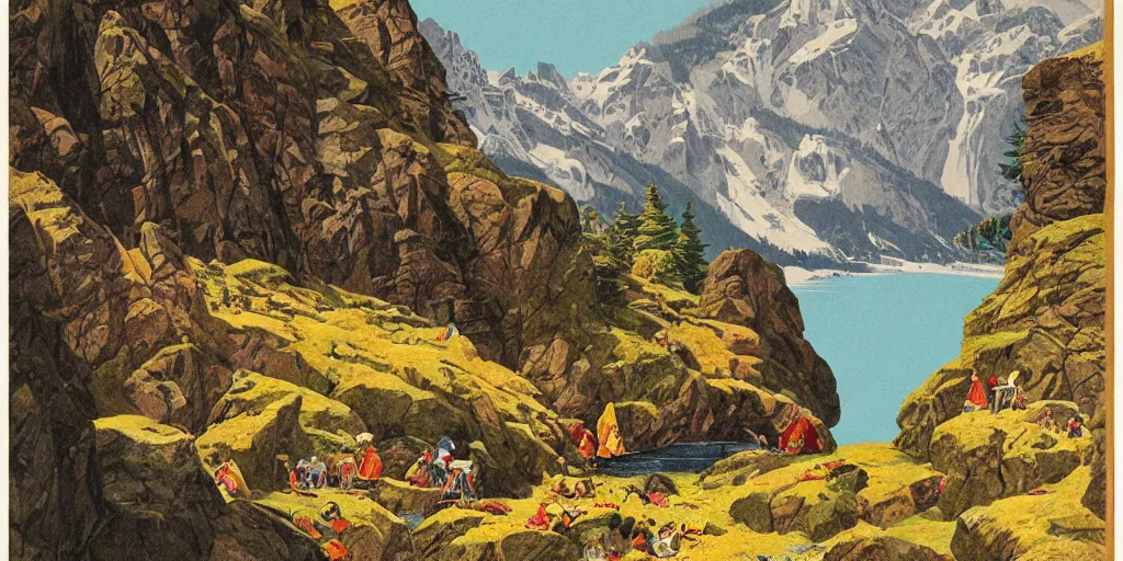 Image similar to beautiful idyllic poster illustration for a craggy ice valley national park by ludwig hohlwein, ludwig hohlwein, with close - up of grandma photorealistic eating crayons photoshopped into it