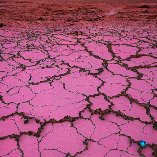 Prompt: stars and gems flow from pink cracks in the desert at night