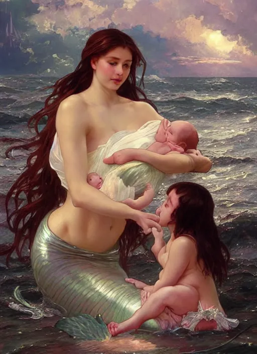 Prompt: a mermaid mother cradling her newborn baby amid sparkling water, beautiful painting by artgerm and greg rutkowski and alphonse mucha and thomas cole