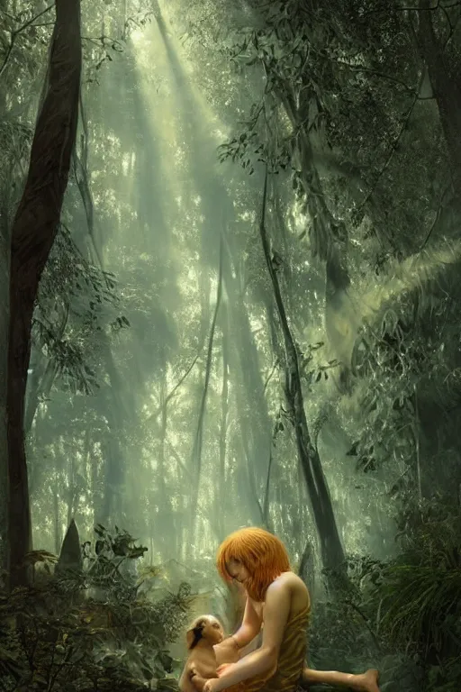 Image similar to mean fluffy teddybear protecting girl in a forest with rays of light coming through the canopy, masterpiece, dystopian, sci-fi, extremely detailed, digital painting, sculpted in zbrush, artstation, concept art, smooth, sharp focus, illustration, chiaroscuro lighting, golden ratio, incredible art, artgerm, greg rutkowski, alphonse mucha, simon stalenhag, carravaggio