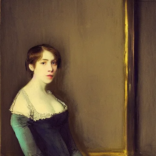 Prompt: an elegant girl in a liminal abandoned room, blue and gold, old polaroid by goya, by velazquez, digital painting, jugendstil, art noveau, strong lights, flat colors, pastel colors, highly detailed,