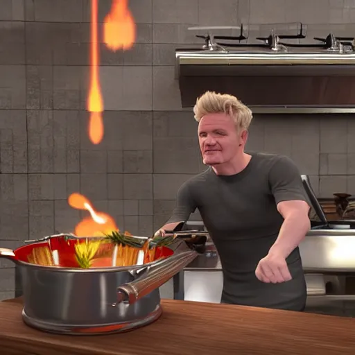 Image similar to unreal engine 5 photorealistic Gordon Ramsey cooking a unicorn in a pot in a intricate kitchen 4k